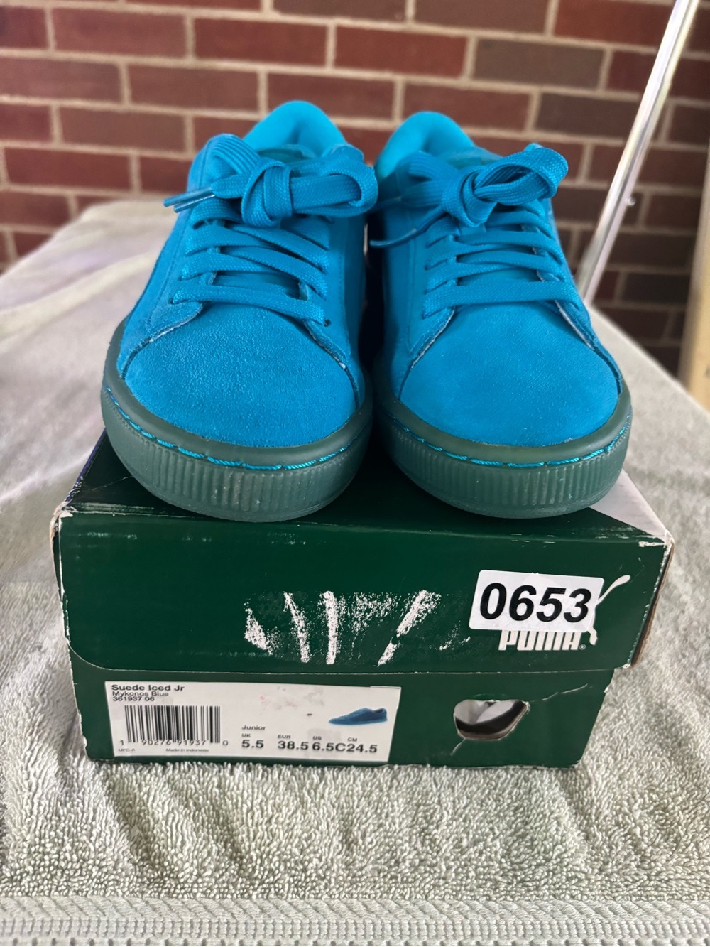 Puma Suede Iced Jr Mykonos Blue Sneakers Size 6.5 Rare Monochrome